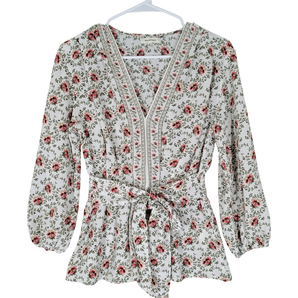 Max Studio Floral Blouse Womens Small White V-Neck Smocked Tie Waist Top BOHO